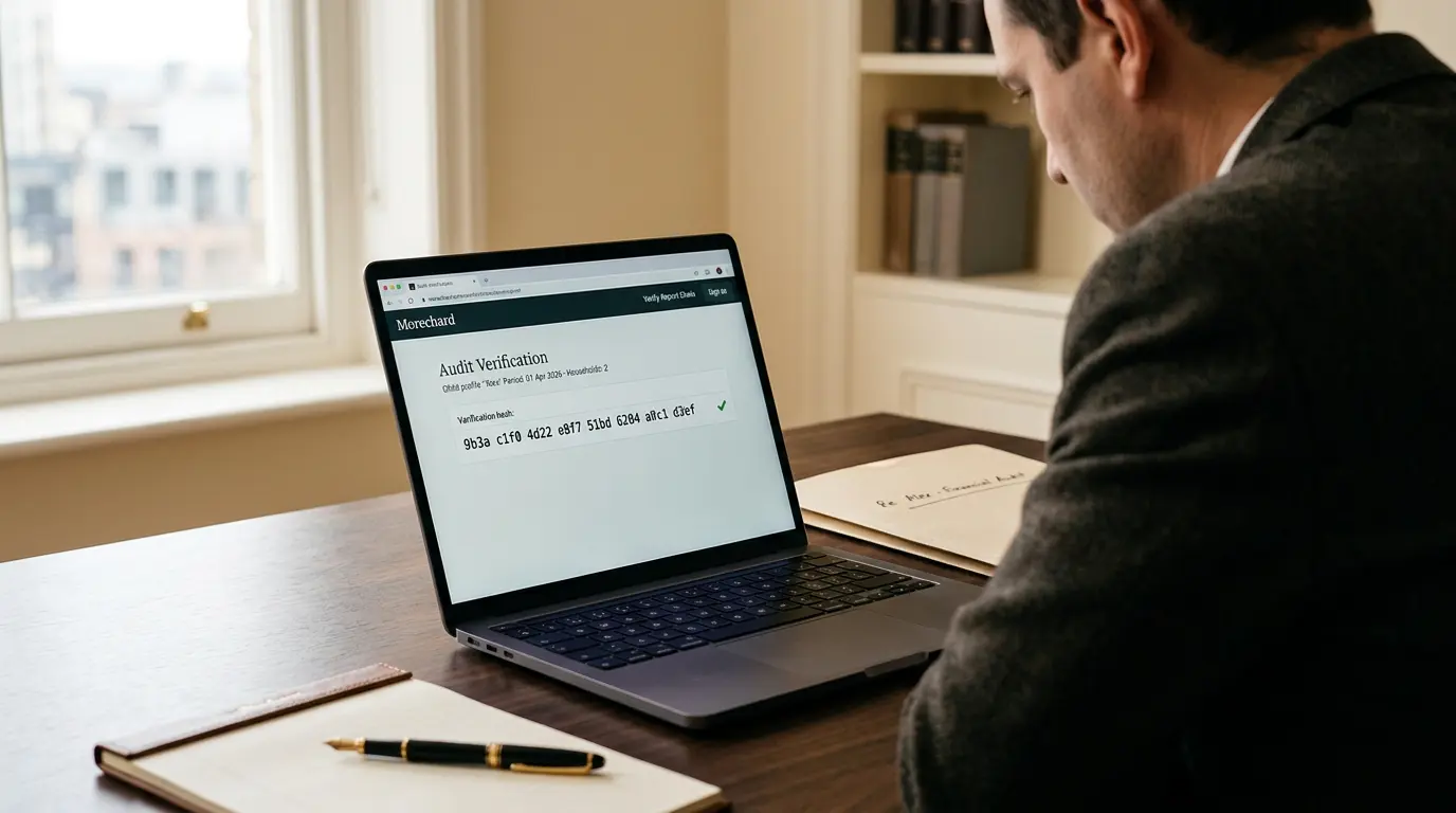 A family solicitor at a tidy desk reviewing a Morechard verification page on a laptop, neutral office tones
